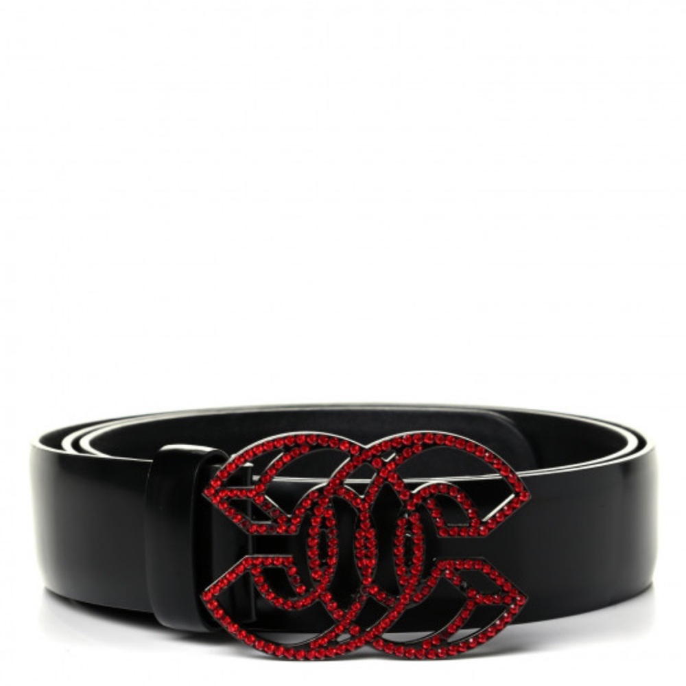 Chanel Black Leather Belt with a red crystal-embellished CC